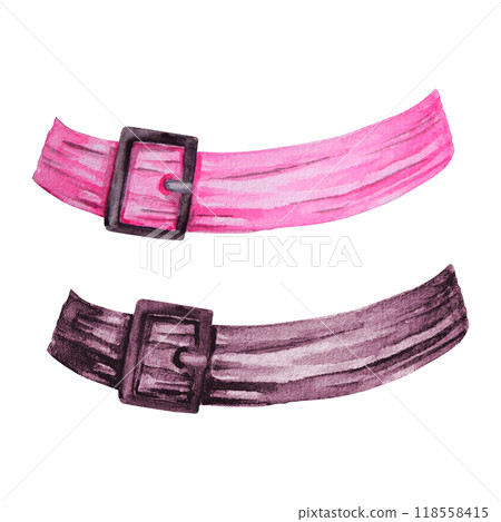 Pink and black belts, headbands, witch hat decoration, women's headdress. Tied ribbon. Watercolor hand drawn cut and isolated clip art. Clothing item, accessory tied knot, belt. Element of clothes. Pink and black belts, headbands, witch hat decoration, women's headdress. Tied ribbon. Watercolor hand drawn cut and isolated clip art. Clothing item, accessory tied knot, belt. Element of clothes. 118558415