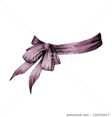 Black bow, headband, witch hat decoration, women's headdress. Tied ribbon. Watercolor hand drawn cut and isolated clip art. Clothing item, accessory tied knot, belt. Element of decoration on clothes. 118558417
