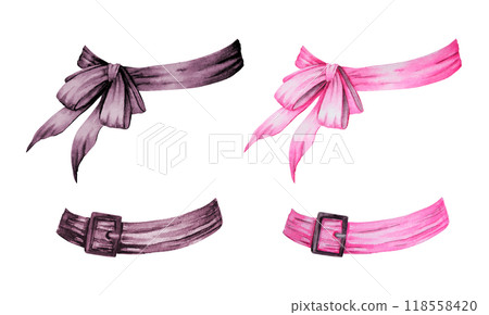Pink and black bows, headbands, witch hat decoration, women's headdress. Tied ribbon. Watercolor hand drawn cut and isolated clip art. Clothing item, accessory tied knot, belt. Element of clothes. Pink and black bows, headbands, witch hat decoration, women's headdress. Tied ribbon. Watercolor hand drawn cut and isolated clip art. Clothing item, accessory tied knot, belt. Element of clothes. 118558420