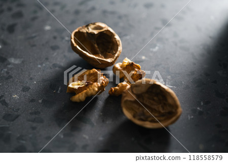 peeled walnut on terrazzo countertop 118558579
