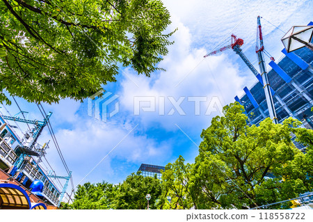 Yokohama cityscape in Japan - View of the new construction work for the Yokohama Old City Hall Block Utilization Project and JR Kannai Station (left) on the 18th 118558722