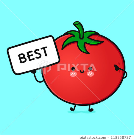 Cute Tomato with poster best. Vector hand drawn cartoon kawaii character illustration icon. Isolated on blue background. Tomato think concept Cute Tomato with poster best. Vector hand drawn cartoon kawaii character illustration icon. Isolated on blue background. Tomato think concept 118558727