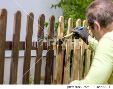 Backyard wooden picket fence painting 118558821