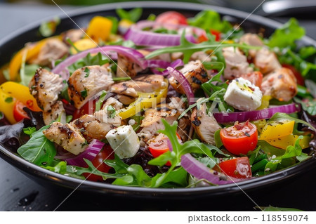 Grilled chicken salad with feta cheese, red onion and colorful vegetables on a black plate close up. 118559074