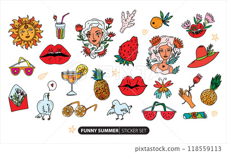 Summer stickers set. Vibrant colorful summer vector illustrations with fruits, faces, and funny lifestyle elements. Mood of summer in fruits, beautiful woman faces and vacation things 118559113