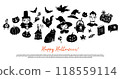Halloween cute illustrations set. Themed funny doodle stickers for Halloween - witch, pumpkin, cat, jack lantern, cauldron and broom. Vector set in cartoon doodle outline style. Poster, card, banner 118559114