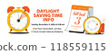 Daylight Saving Time Info Banner Reminder. Clock with turning arrows back one hour, calendar date November 3 and smoke detector with batteries. Fall Back Time concept vector illustration 118559115