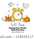 Fall Back or Daylight Saving Time Ends poster. Schedule with Alarm Clock turning back on hour and reminder text with date November 3. DST information banner with autumn vector doodle illustrations 118559117