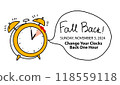 Fall Backward. Turn Clocks Back one hour schedule with reminder text with date November 3, 2024. Vector illustration in funny doodle style. Daylight Savings Time 118559118