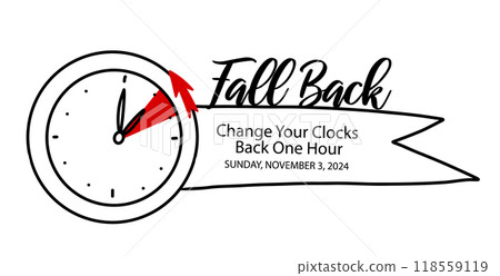 Daylight Saving Time Ends doodle notice reminder with clock turning back one hour at Sunday, November 3, 2024 simple graphic design. Fall Back Concept 118559119