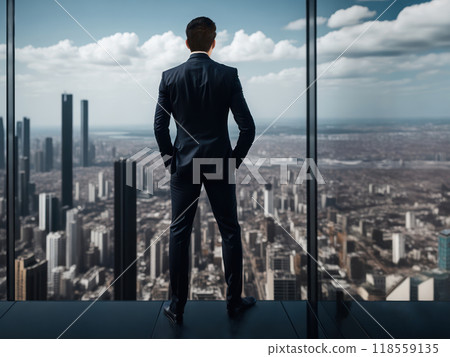 Young confident manager looking through the highrise office window at the cityscape Young confident manager looking through the highrise office window at the cityscape 118559135