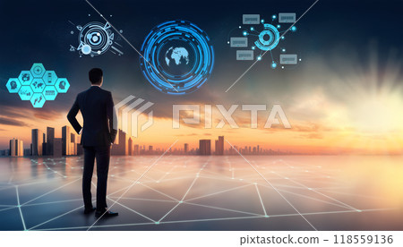 3d illustration of Businessman looking at holographic information displayed over the skyline 118559136