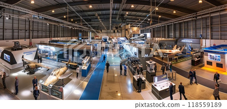 A panoramic view of the exhibition hall at, showcasing various high-tech pavilions displaying modern aircraft models and conceptual designs A panoramic view of the exhibition hall at, showcasing various high-tech pavilions displaying modern aircraft models and conceptual designs 118559189