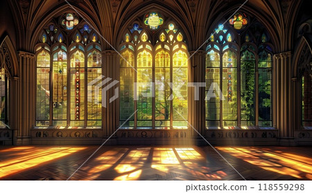 A grand hall with large windows adorned in intricate stained glass, casting colorful light across the room. 118559298