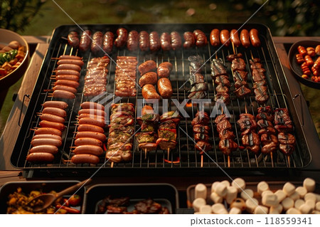 A photo of an array of grilled meat and marshmallows on the grill, with various types of sausages, hot dogs, shashlik (skewered meat), and kebabs A photo of an array of grilled meat and marshmallows on the grill, with various types of sausages, hot dogs, shashlik (skewered meat), and kebabs 118559341