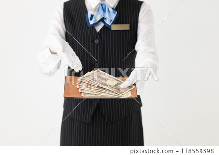 Woman handing out cash Woman handing out cash 118559398