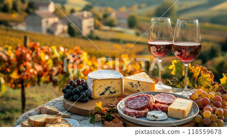 French cheeses grapes and wine 118559678