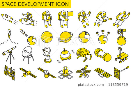 太空人和人造衛星等太空發展的簡單線條圖、等距插圖集 太空人和人造衛星等太空發展的簡單線條圖、等距插圖集 118559719