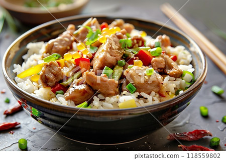 Chicken with rice and vegetables in a bowl on dark background. 118559802