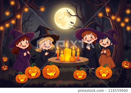 萬聖節之夜，孩子們打扮成女巫 118559980