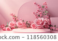 3D rendering of rose flowers and a pink podium for product display or presentation with copy space 118560308