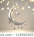 3d render of silver crescent moon with stars hanging on white background, light soft background 118560309