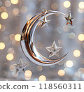 3d rendering of silver crescent moon with stars hanging on the background of blurred lights, close-up 118560311