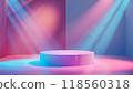 A round podium in the center of an empty room with colorful lighting and rays of light 118560318