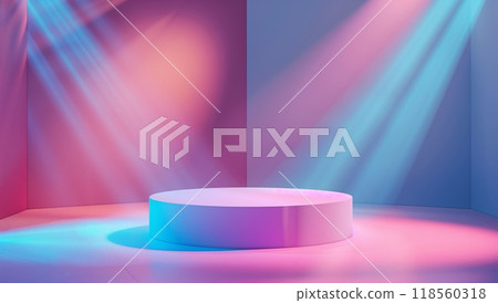 A round podium in the center of an empty room with colorful lighting and rays of light 118560318