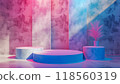 A minimalist scene with three podiums, one blue and two pink, arranged in an artistic pattern against 118560319