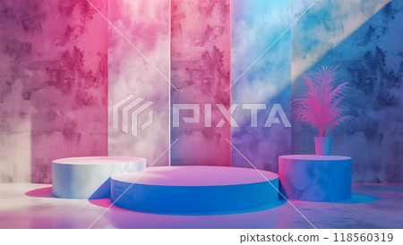 A minimalist scene with three podiums, one blue and two pink, arranged in an artistic pattern against 118560319