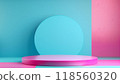 3D render, an abstract minimal background with an empty round podium and copy space in pink and blue colors 118560320