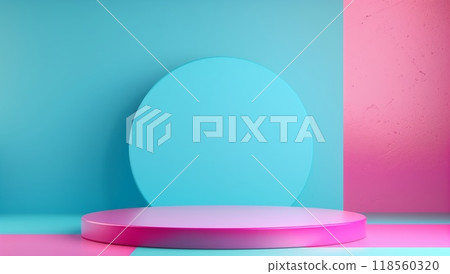 3D render, an abstract minimal background with an empty round podium and copy space in pink and blue colors 118560320