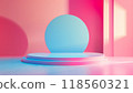 Abstract background with a podium for product presentation in pink and blue colors, in a minimalist style. 118560321