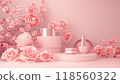 3d rendering of cosmetic product podium with pink rose flowers and peonies on pastel background. 118560322