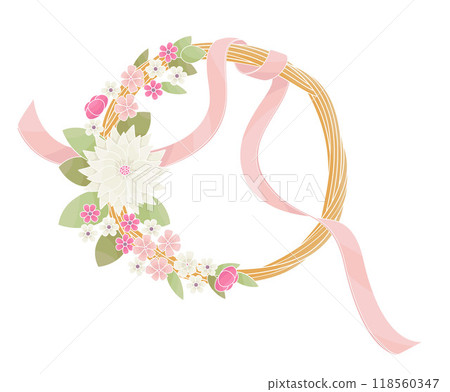 decorative wreath with spring flowers and ribbon 118560347