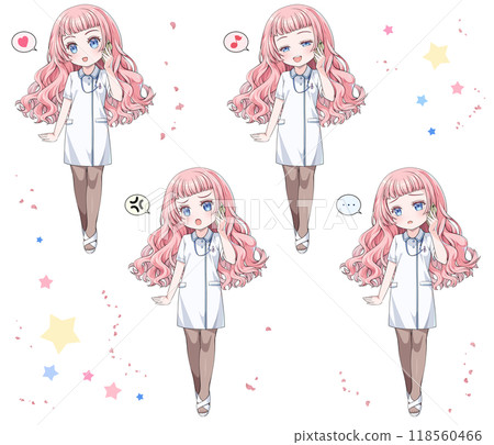 Pink-haired anime-style nurse making a phone call on her smartphone / Set of 4 emotions Pink-haired anime-style nurse making a phone call on her smartphone / Set of 4 emotions 118560466