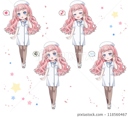 Pink-haired anime-style nurse wearing a nurse cap making a phone call on her smartphone / Set of 4 emotions Pink-haired anime-style nurse wearing a nurse cap making a phone call on her smartphone / Set of 4 emotions 118560467