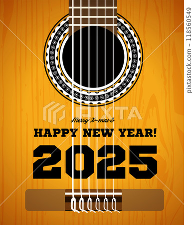 Congratulations on the new year 2025. Classical acoustic guitar close-up. Vector Congratulations on the new year 2025. Classical acoustic guitar close-up. Vector 118560549