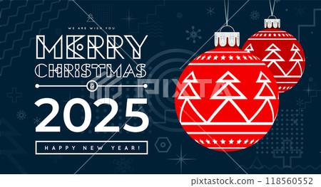 Congratulations on the New Year 2025 on the background of Christmas tree balls. Vector illustration 118560552