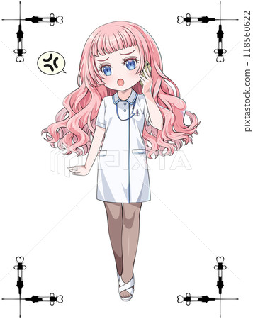 Pink-haired anime-style nurse making a phone call on her smartphone / Antique syringe corner decoration with border Pink-haired anime-style nurse making a phone call on her smartphone / Antique syringe corner decoration with border 118560622