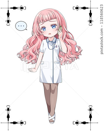 一位粉紅色頭髮的動漫風格護士呼叫帶有裝飾邊框的智慧型手機/古董注射器角 一位粉紅色頭髮的動漫風格護士呼叫帶有裝飾邊框的智慧型手機/古董注射器角 118560623