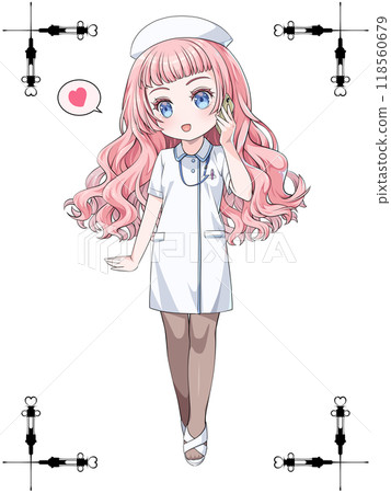 Pink-haired anime-style nurse wearing a nurse cap making a phone call on her smartphone / with decorative border of antique syringe 118560679