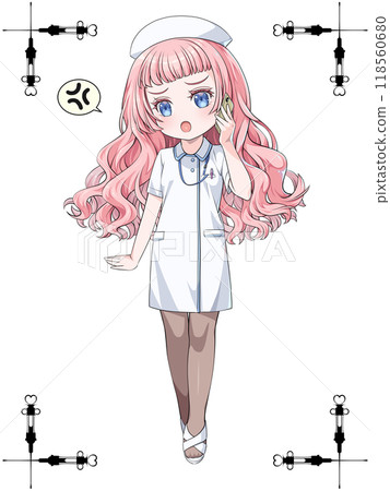 Pink-haired anime-style nurse wearing a nurse cap making a phone call on her smartphone / with decorative border of antique syringe 118560680