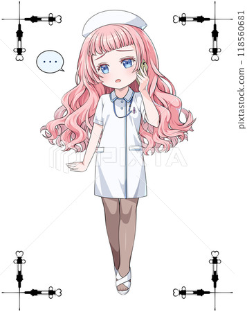 Pink-haired anime-style nurse wearing a nurse cap making a phone call on her smartphone / with decorative border of antique syringe 118560681