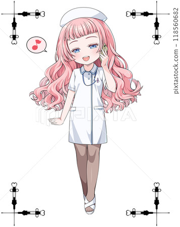 Pink-haired anime-style nurse wearing a nurse cap making a phone call on her smartphone / with decorative border of antique syringe 118560682