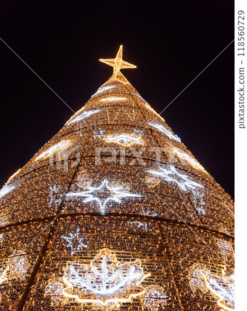 Illuminated Christmas tree with star at night 118560729