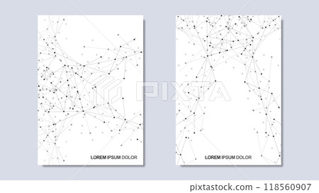 Vector illustration of minimalist design with connecting the dots and lines. Abstract geometric background of science and technology concept. Template for cover brochure, layout, flyer, book, banner. Vector illustration of minimalist design with connecting the dots and lines. Abstract geometric background of science and technology concept. Template for cover brochure, layout, flyer, book, banner. 118560907