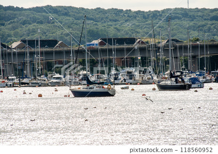 A yacht harbor with the water sparkling in the backlight and houses and tree-covered hills in the distance, in the suburbs of South Wales A yacht harbor with the water sparkling in the backlight and houses and tree-covered hills in the distance, in the suburbs of South Wales 118560952
