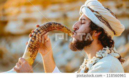 Man blowing shofar in traditional jewish ceremony at sunset 118560961